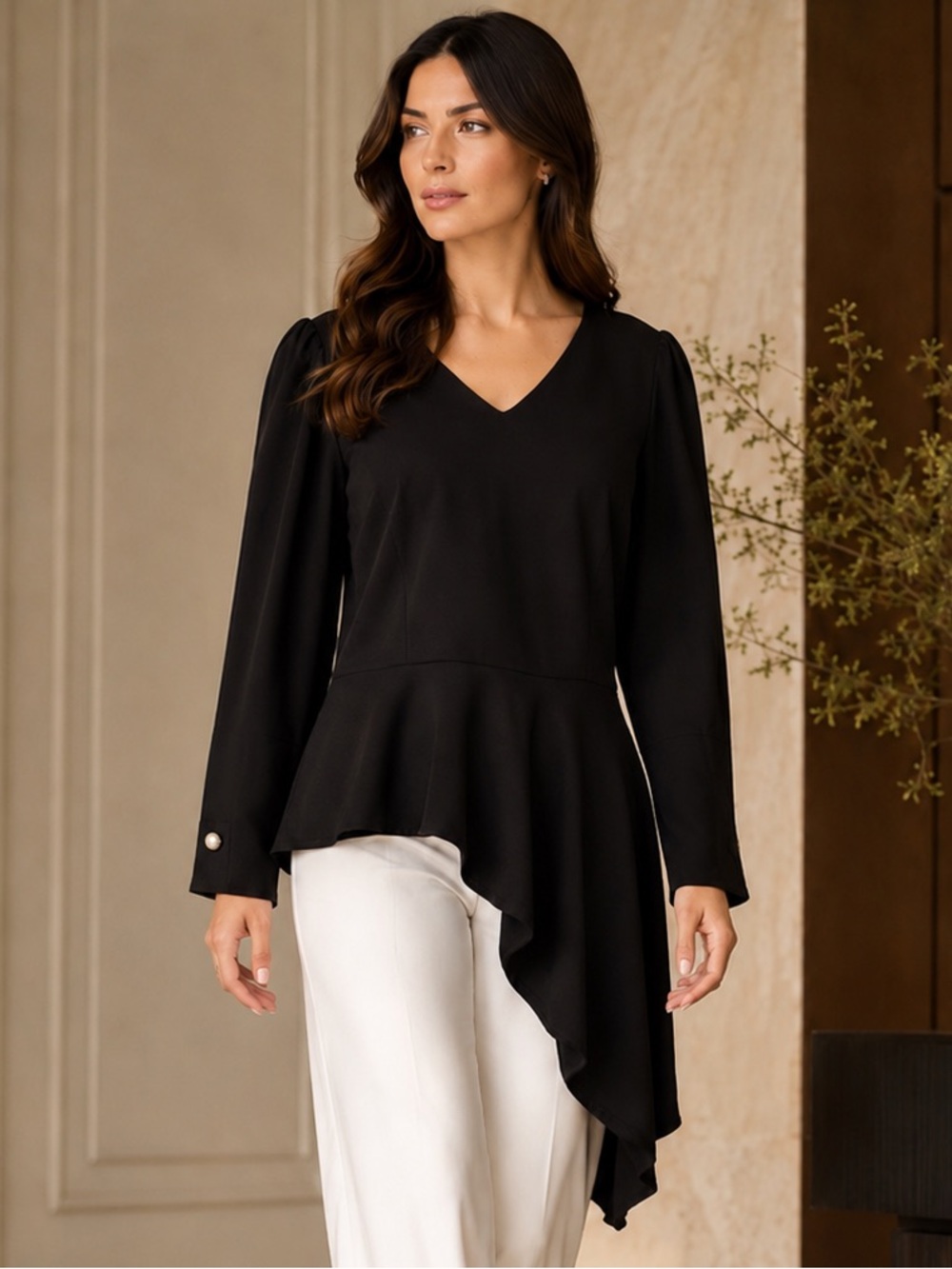 Black Asymmetrical Peplum Tunic Top XL Evening Office Chic